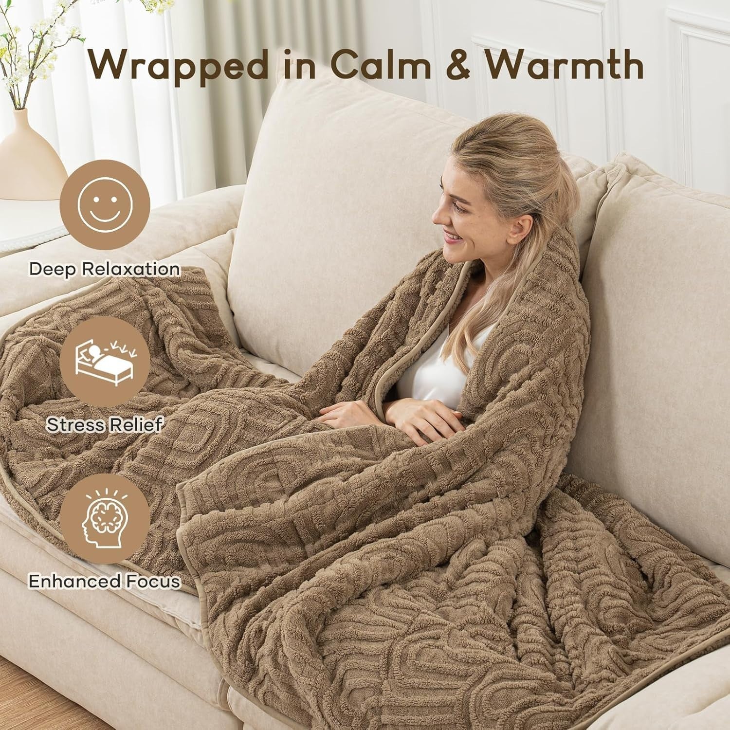 Khaki Sherpa Weighted Blanket 15lbs Queen 60x80 Cozy Sleep