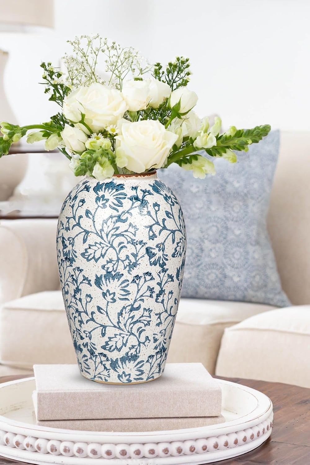Ceramic Flower Vase Blue White Rustic Farmhouse Decor Table Floor Vase