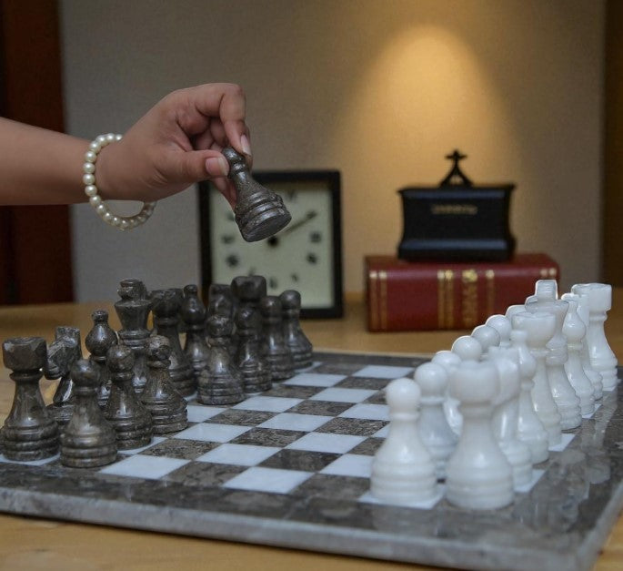 Luxury 10x10” Marble Chess Set – Oceanic Grey & White Stone Board + Pieces