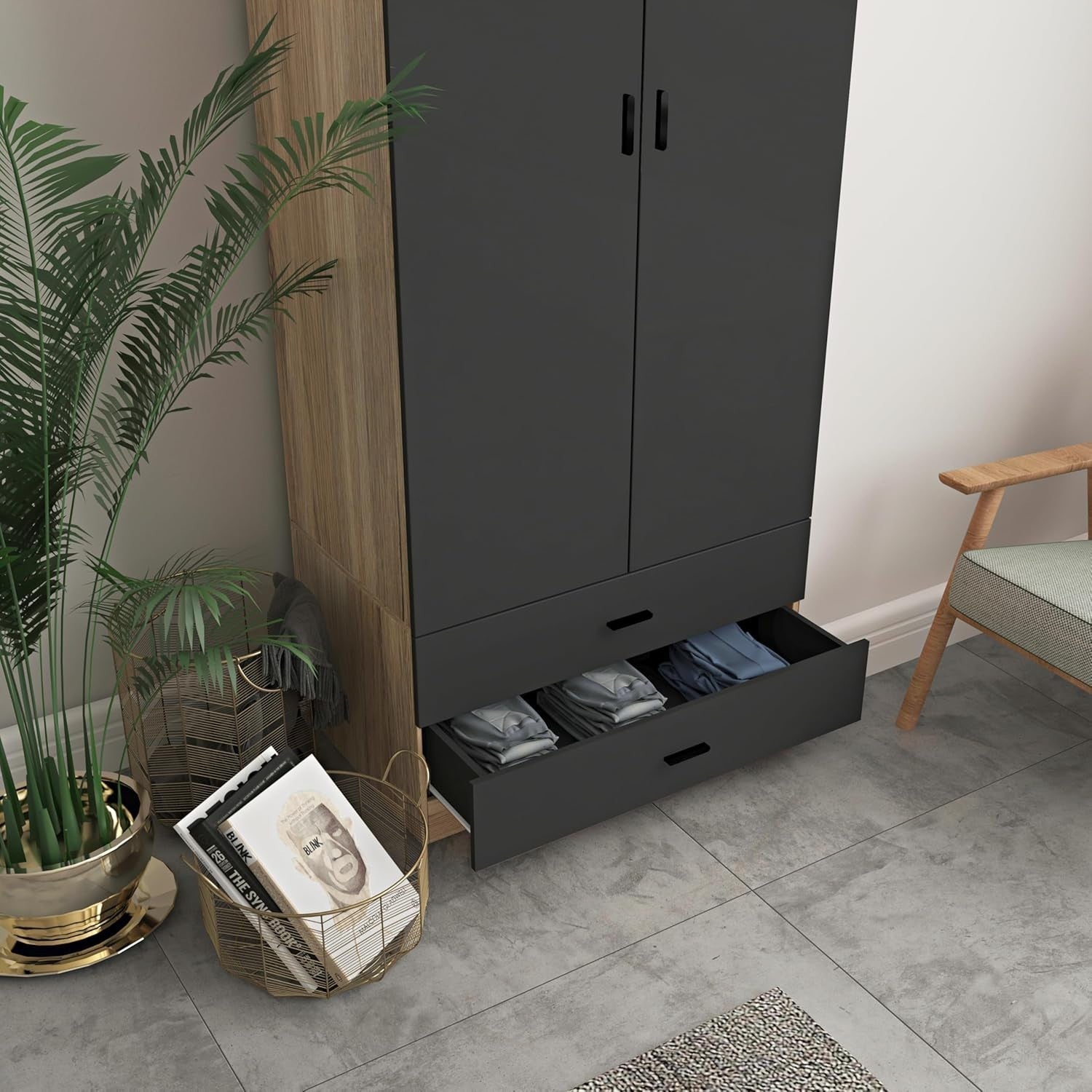 Tall Oak 2 Door Wardrobe Black Drawers | Modern Bedroom Clothes Storage