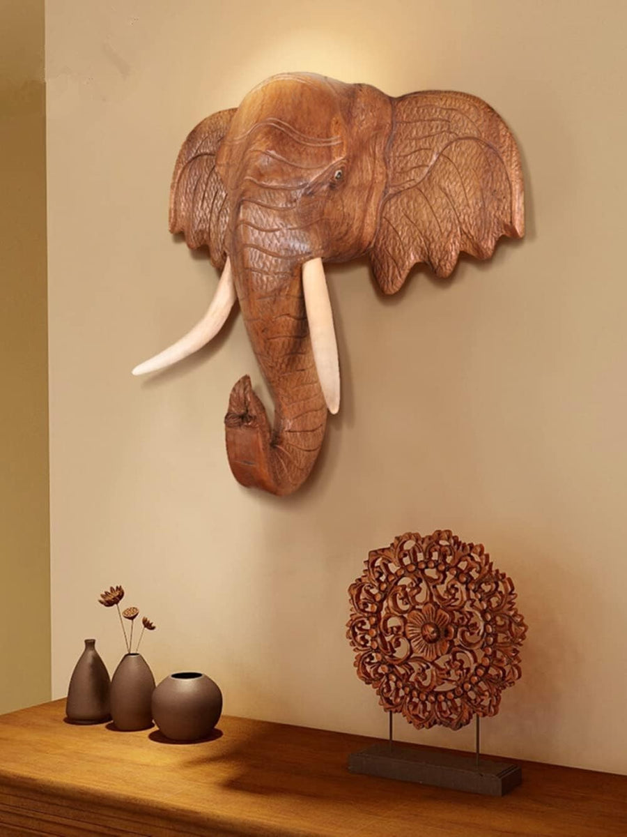 Thai Elephant Head Wall Sculpture 13" Wooden Bust Decor