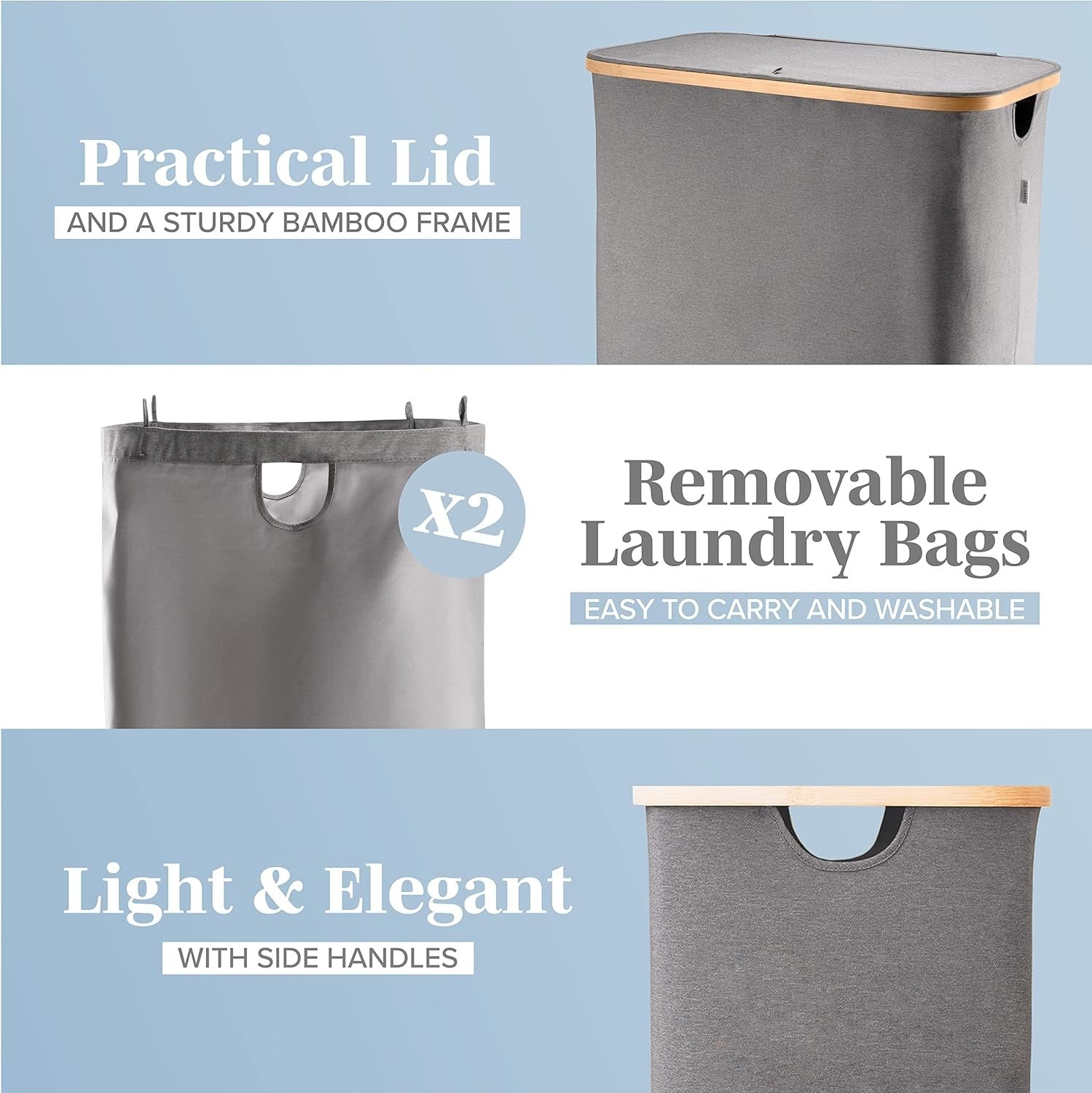 150L Double Laundry Basket with Lid & Bamboo Frame, Grey Hamper 57×37×71cm