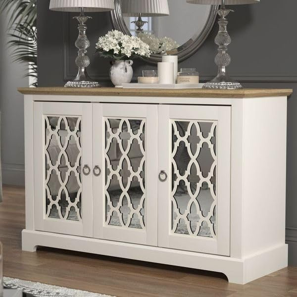 Ivory Oak 3 Door Sideboard Storage Cabinet Adjustable Shelves Durable Wood