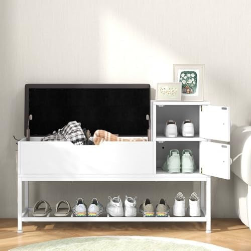 White Grey Shoe Storage Bench with Cushion, Flip Chest & Cabinets Hallway Unit