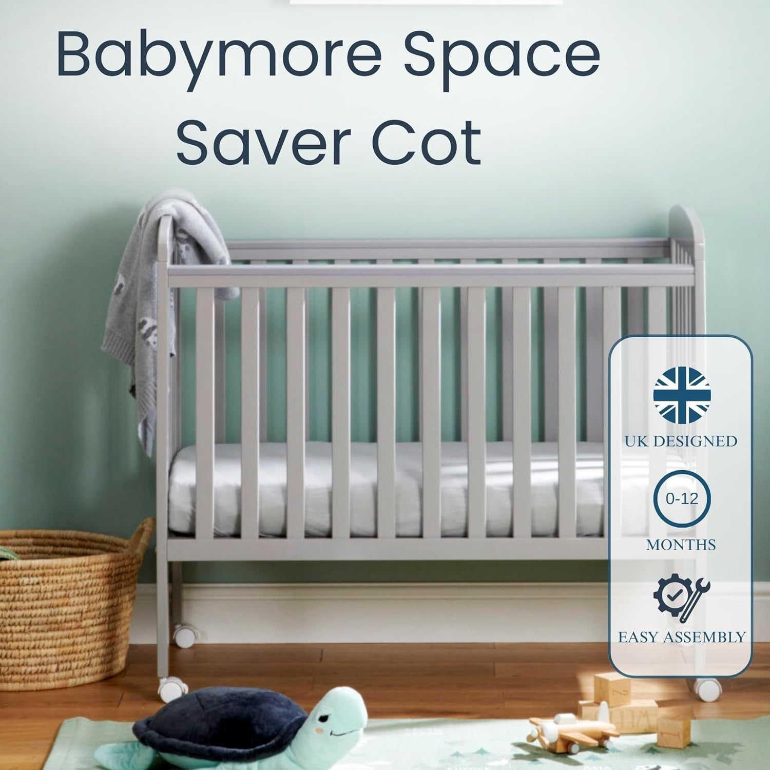 Space Saver Baby Cot Bed Adjustable Height with Wheels White Compact Crib Grey