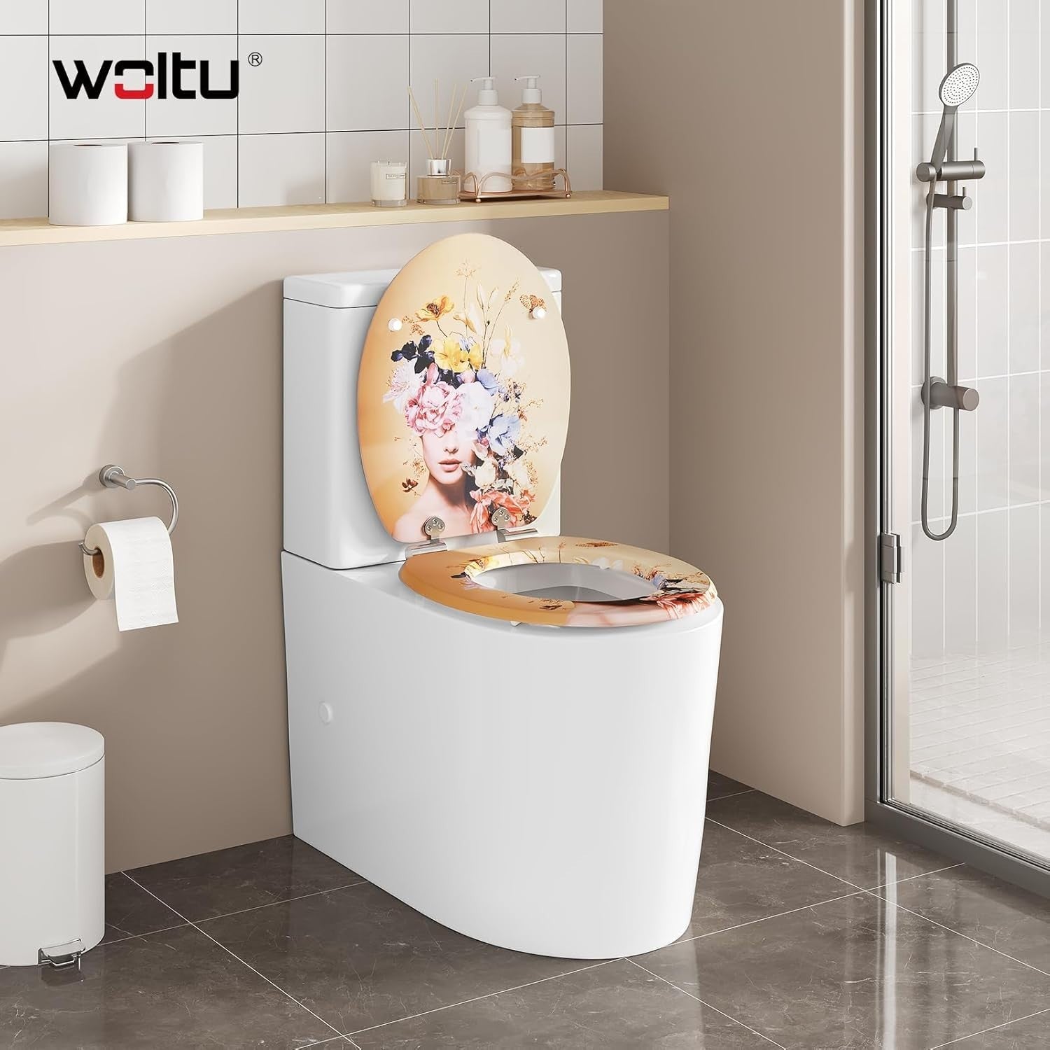 O-Shaped Wooden Toilet Seat Soft Close Quick Release Hinges Flower Goddess