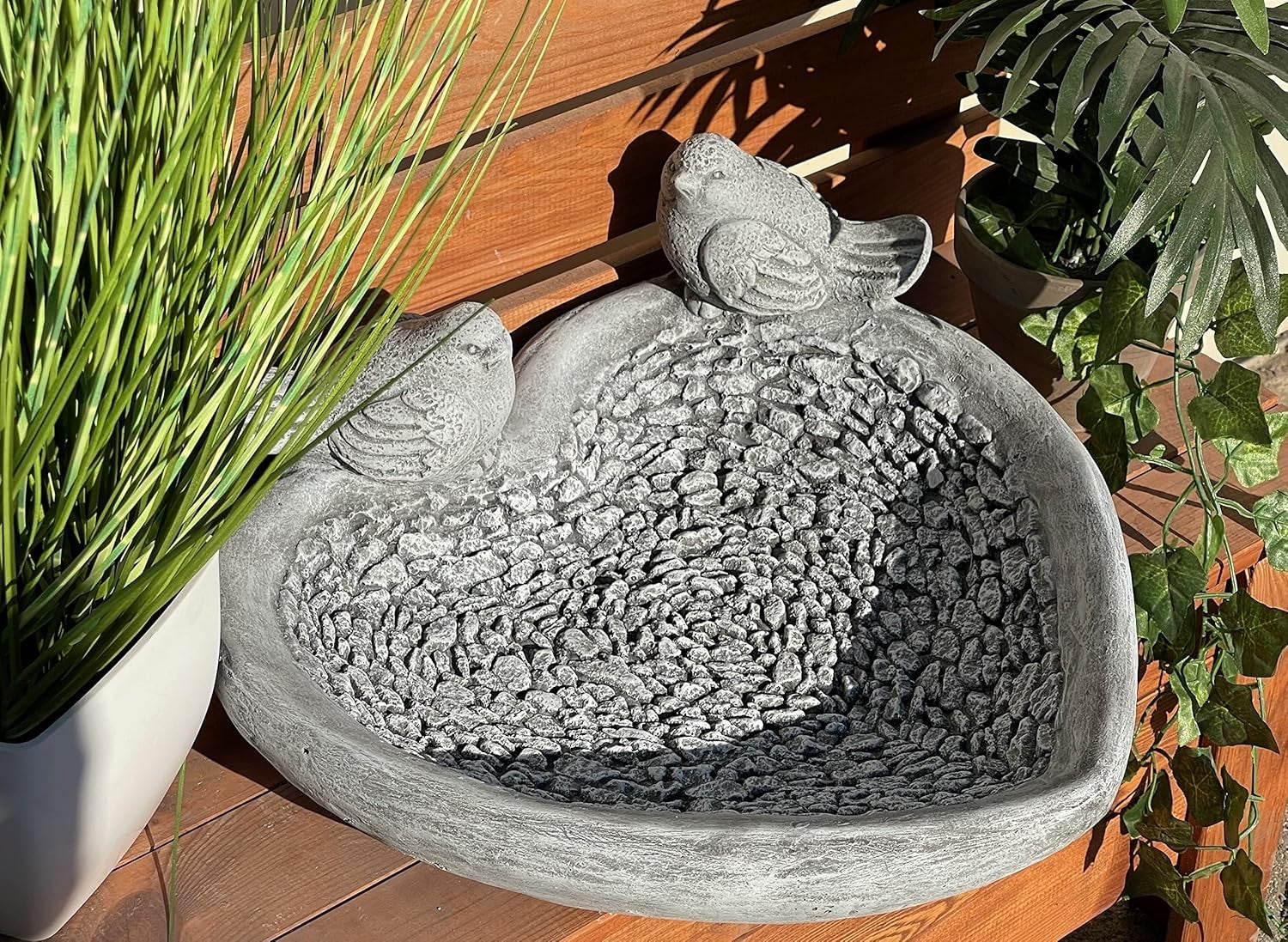 XL Stone Bird Bath 34cm | Frost-Proof Garden Bowl with 2 Birds Design