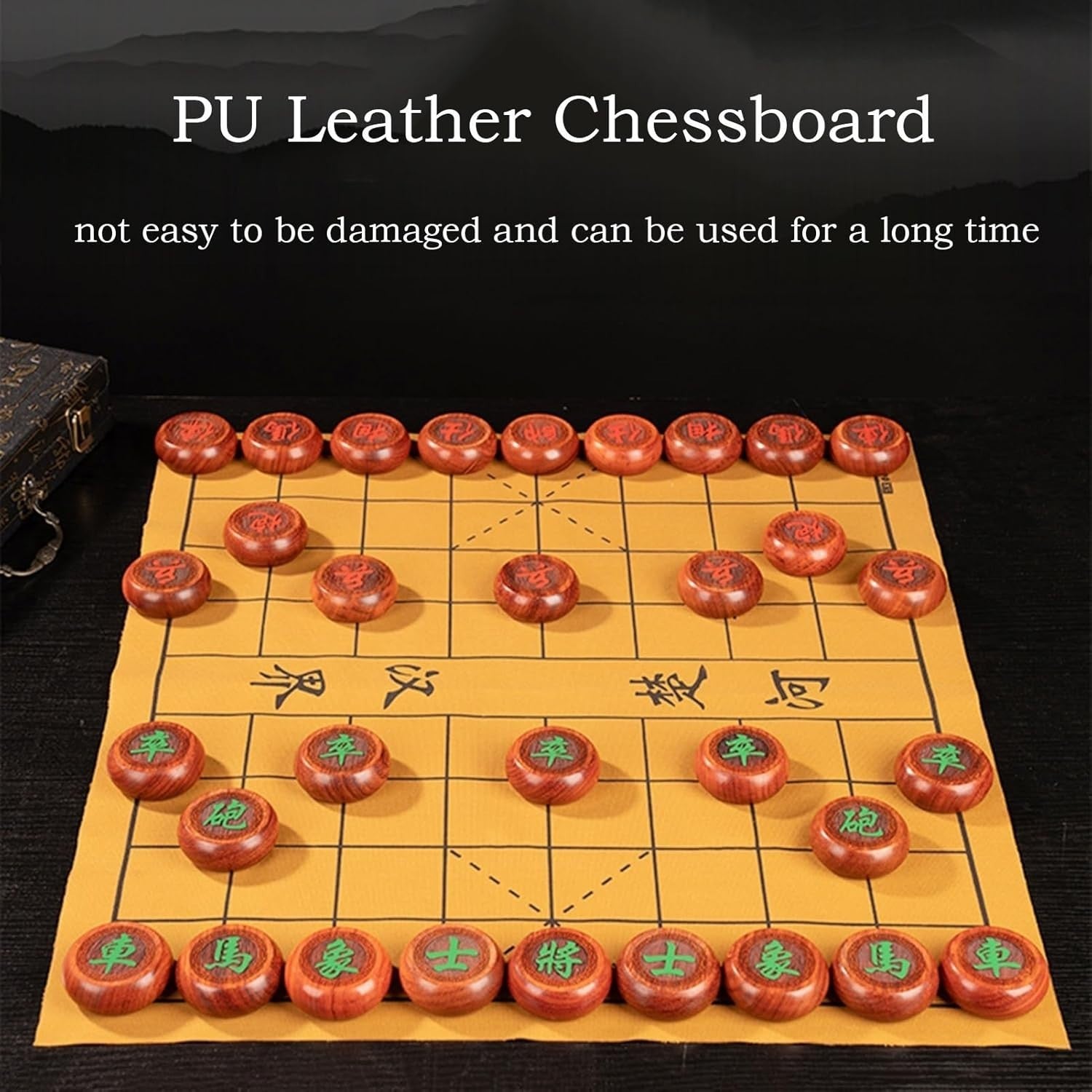 Large Beechwood Xiangqi Chinese Chess Set Leather Board 5.8cm
