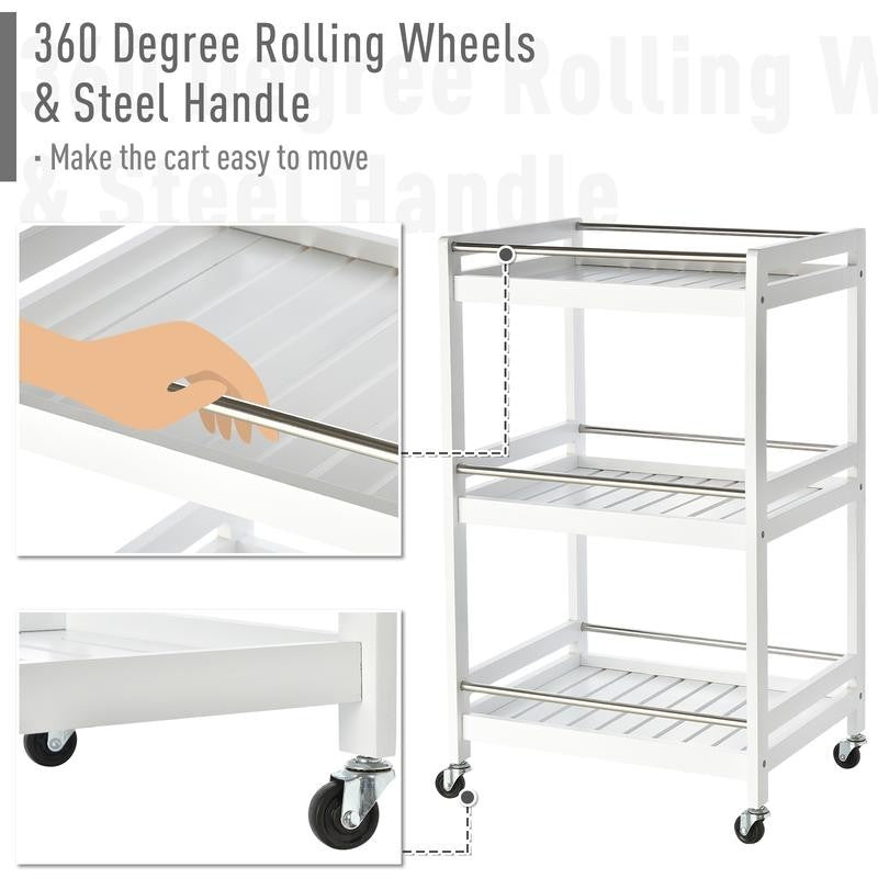 3-Tier Rolling Kitchen Trolley Cart with Steel Trays & Wheels – White