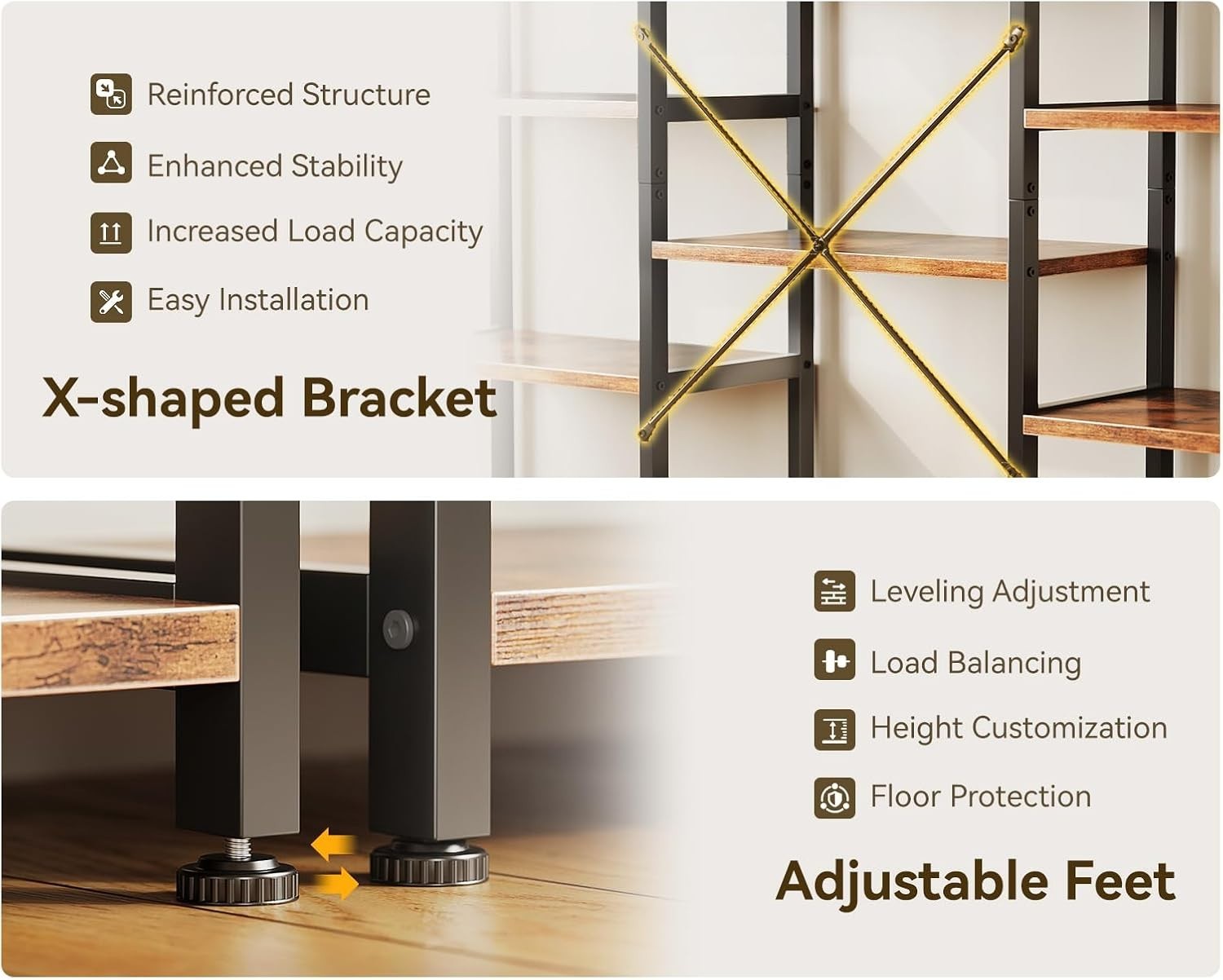 5 Tier Triple Bookshelf Industrial 14 Shelf Wide Bookcase Rustic Brown Metal