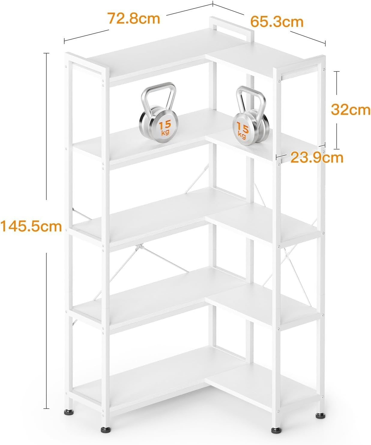 5 Tier L Shaped Corner Bookcase White Metal & Wood Storage Shelf