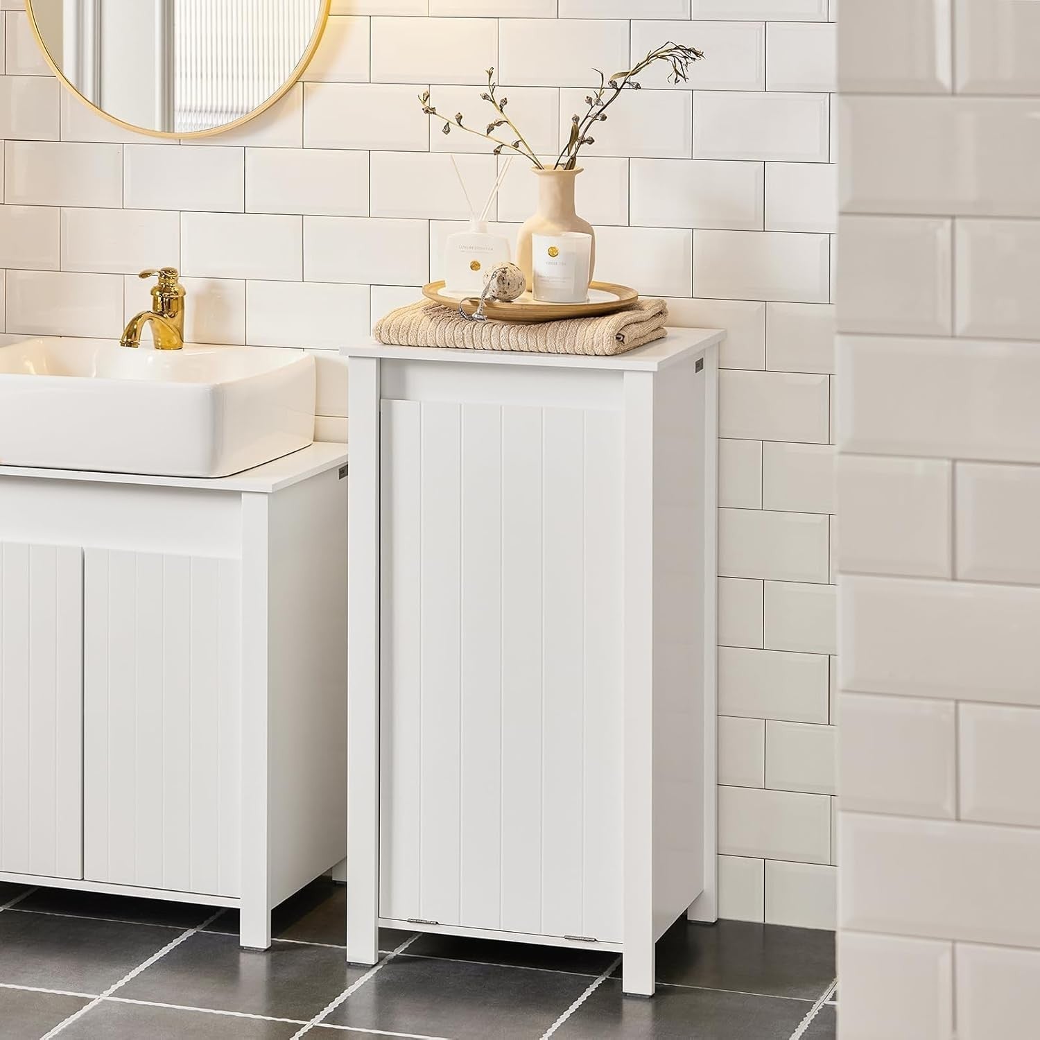 Bathroom Laundry Cabinet with Fold Out Basket Slim White Space Saving