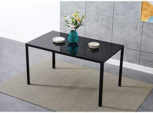 Modern Black Glass 120x80cm Dining Table Set with 4 Faux Leather Chairs