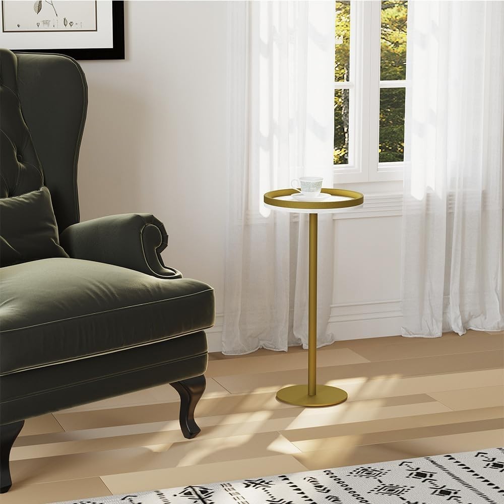 Small Round Coffee Table – 30x30x63cm Side Table White + Gold