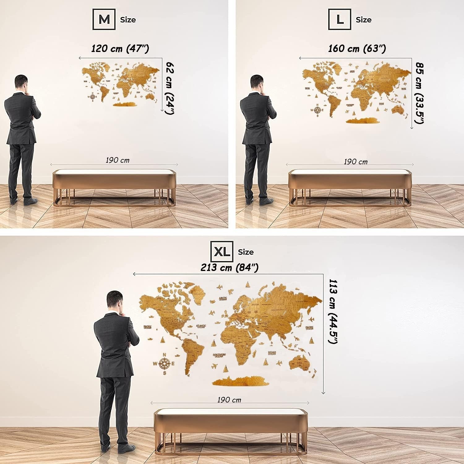 3D Wooden World Map Wall Art Walnut Travel Decor 120x62cm