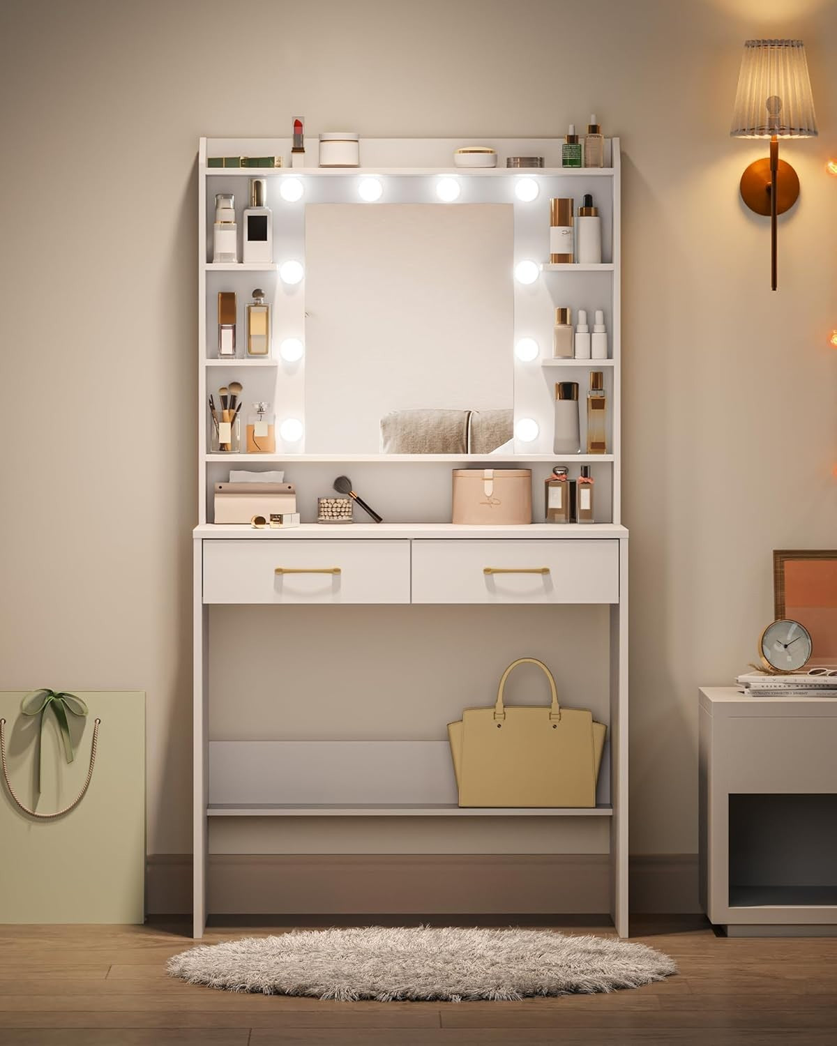 White Dressing Table Makeup Vanity Desk LED Lights Mirror Storage Drawers