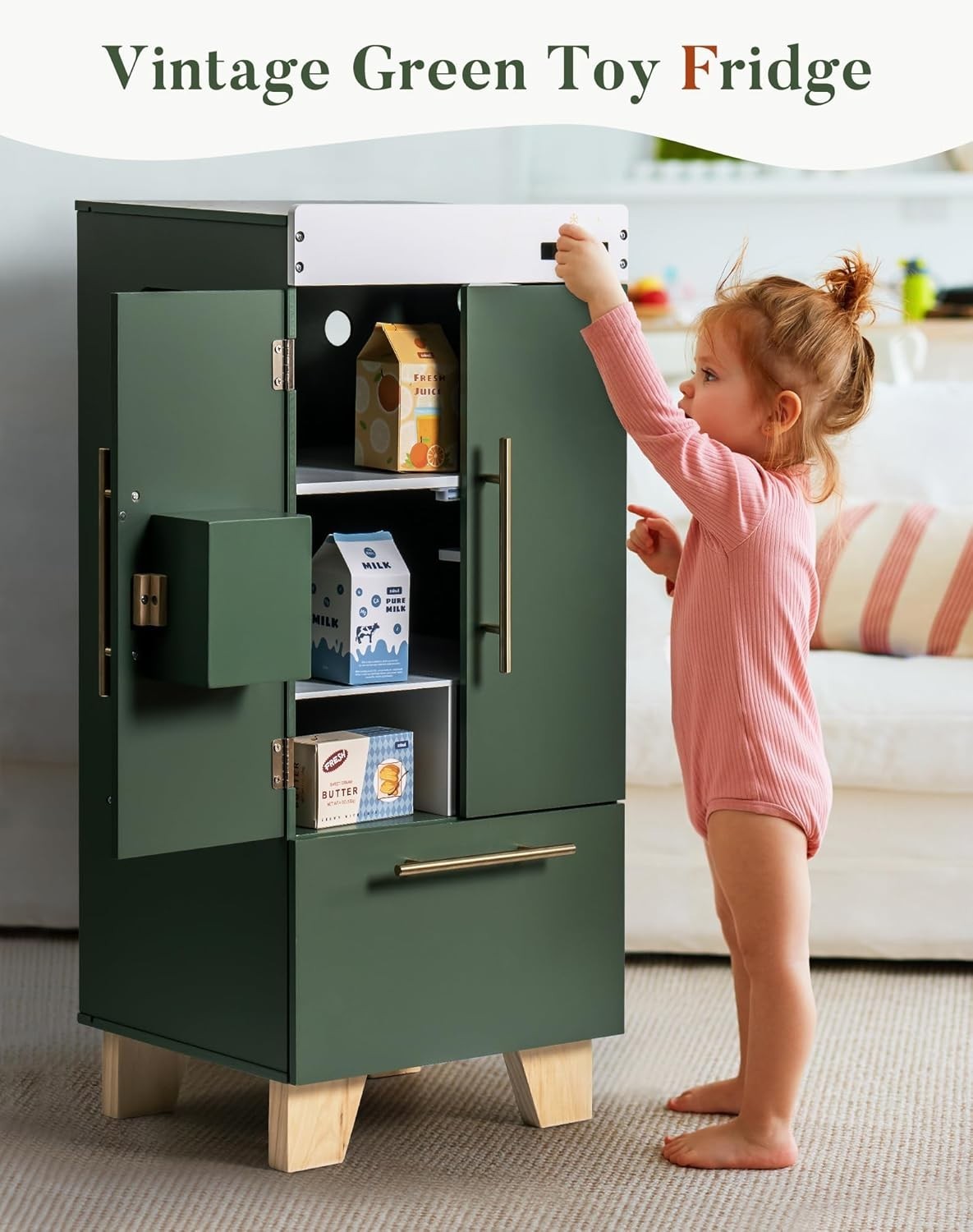 Wooden Kids Toy Fridge Vintage Green Pretend Kitchen Refrigerator