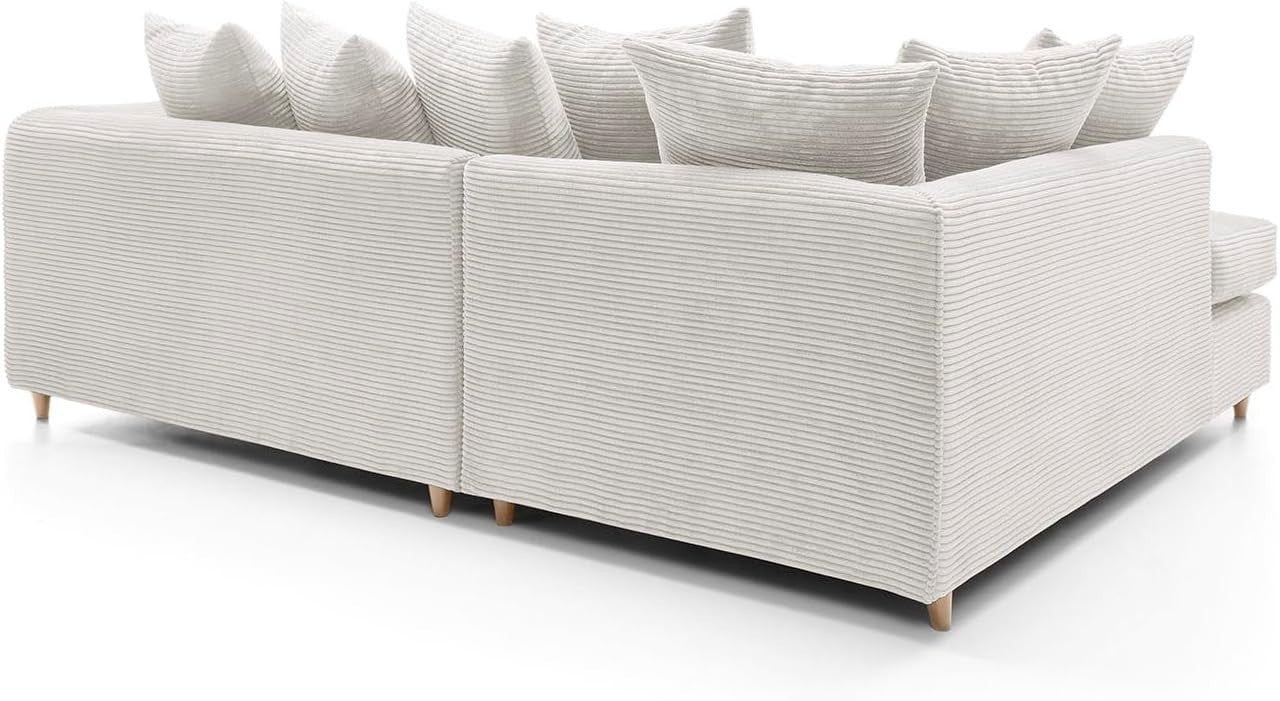 White Jumbo Cord Corner Sofa | L Shape Chaise Lounge | Deep Cushions | 4 Seater