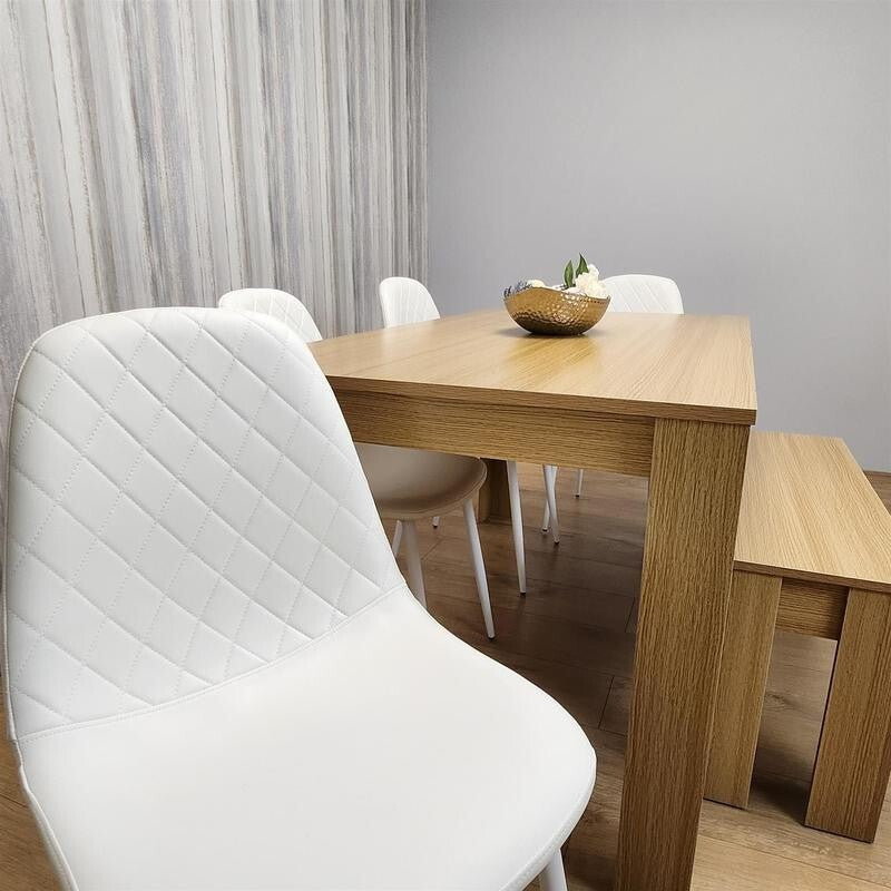 Oak Dining Table Set with 4 White Faux Leather Chairs & Bench, 6 Seater