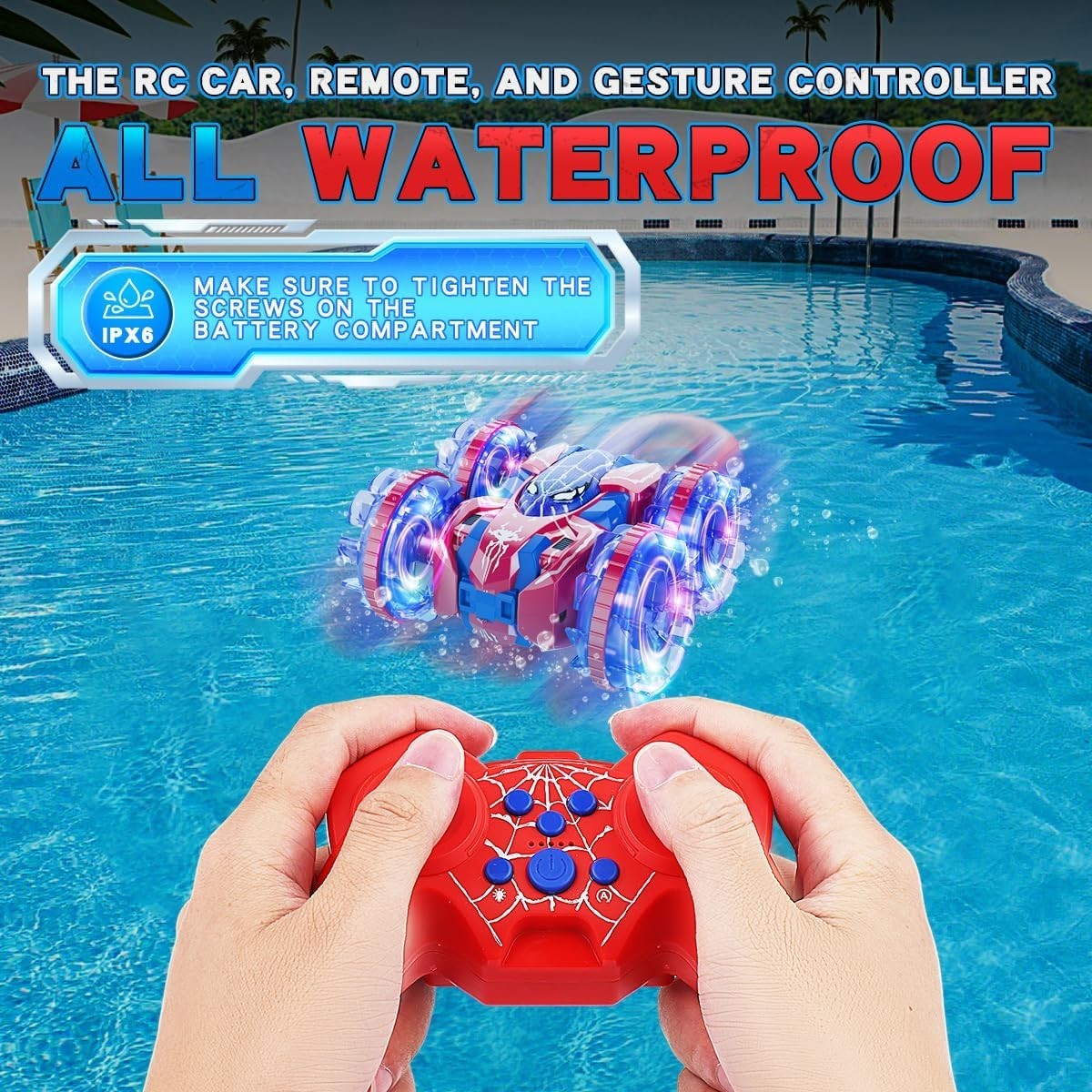 4WD Waterproof RC Stunt Car 360° Rotation Amphibious LED Toy for Kids 3-12