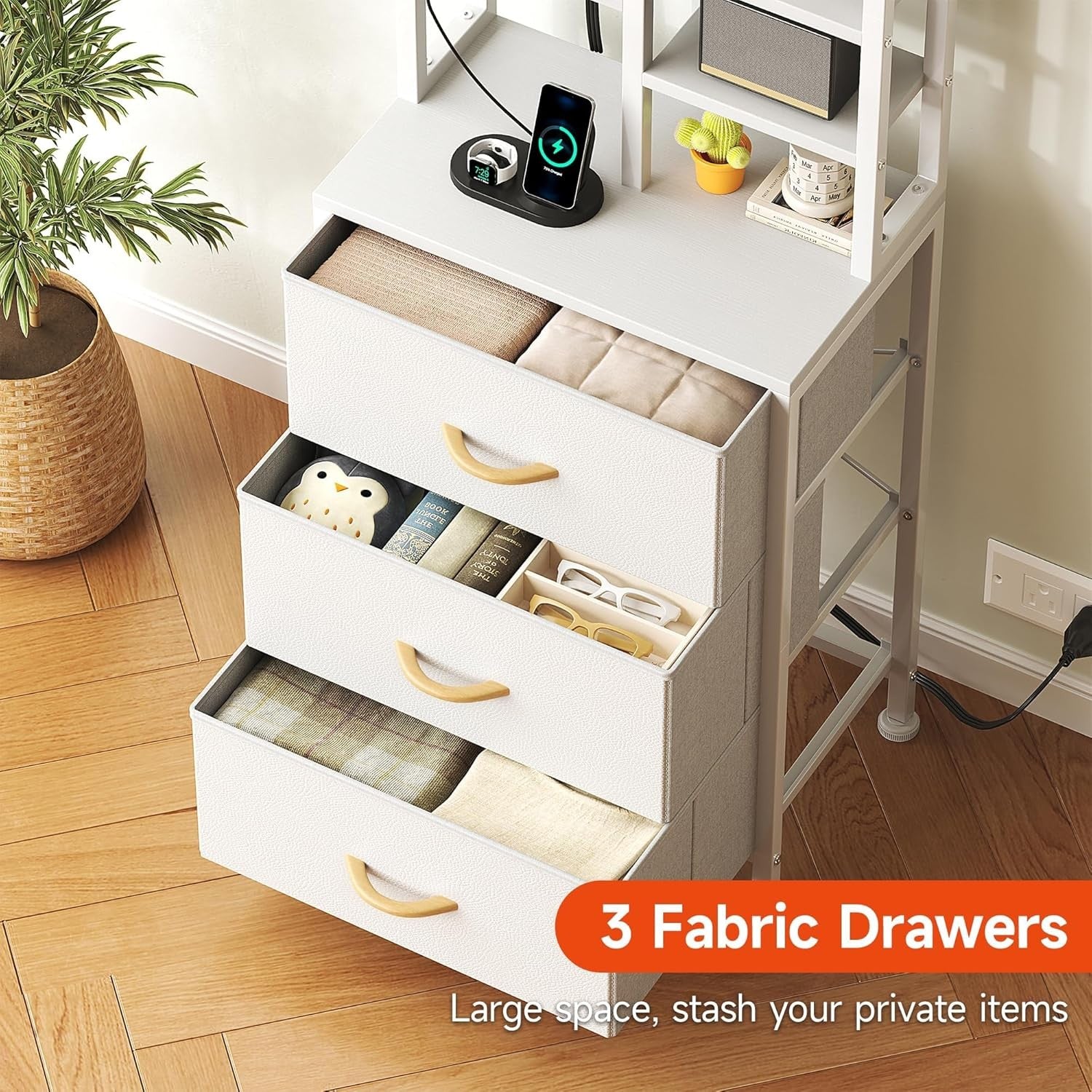 Tall White Bedside Table with LED Lights Charging Ports Shelves Drawers Storage