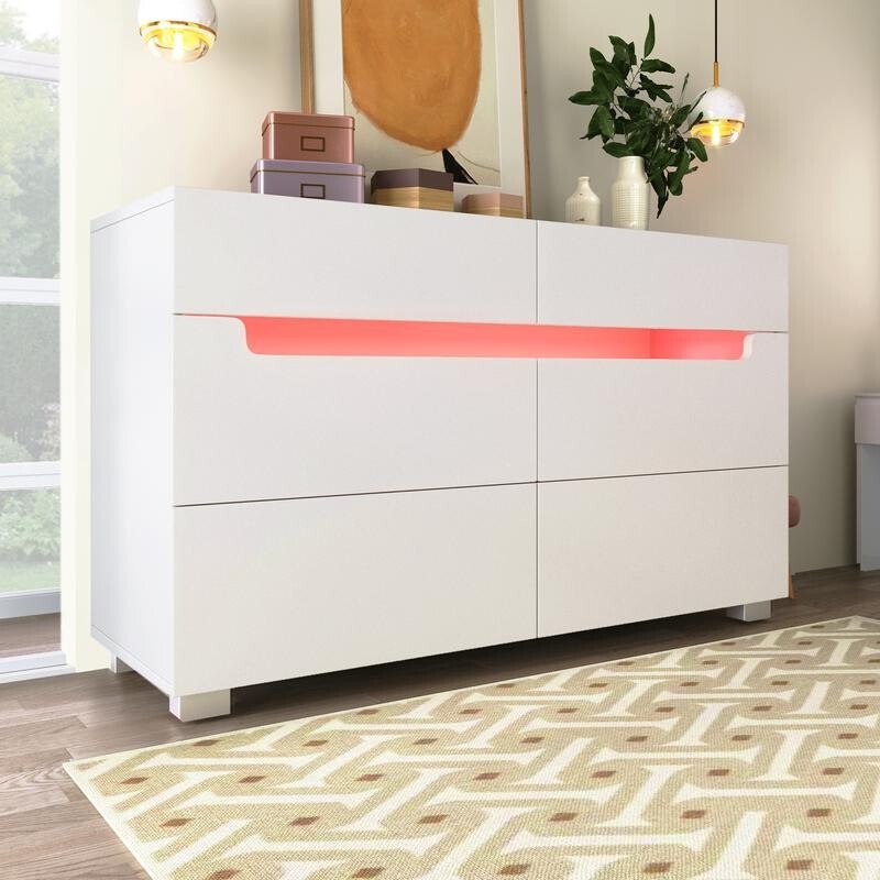 White Sideboard Dresser with RGB LED, 6 Drawers, Storage Chest Unit 120cm