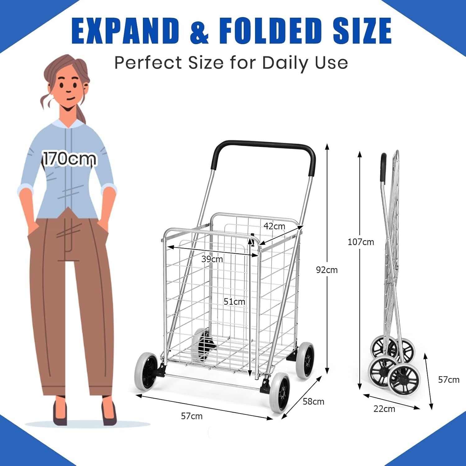 83L Folding Shopping Cart Metal Grocery Trolley Wheels Non-Slip Handle Silver