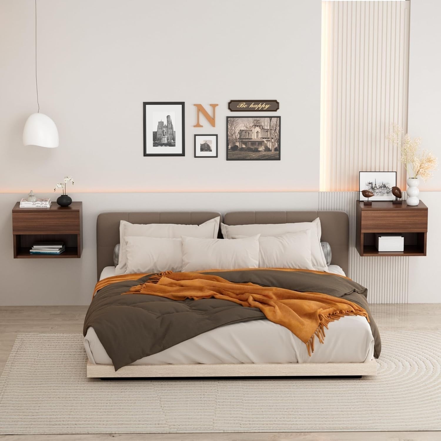 Modern Floating Walnut Bedside Tables Set of 2 – Wall Mounted Drawers & Shelves