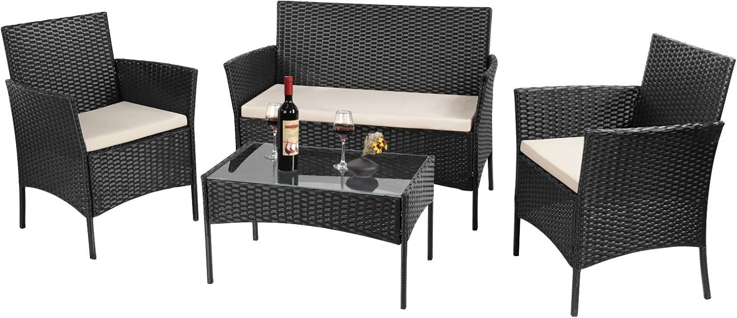 4 Seater Black Rattan Garden Furniture Set Outdoor Sofa Chairs Table