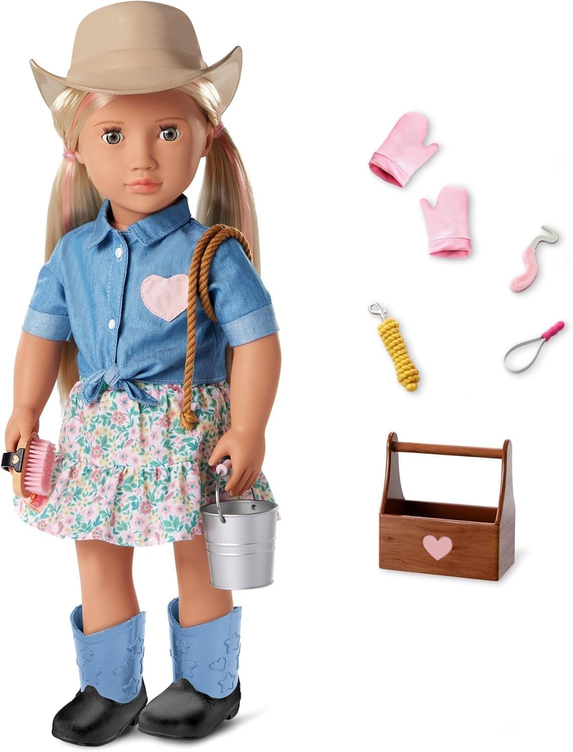 18-Inch Cowgirl Doll Hazel Eyes Blonde Hair Horse Care Accessories