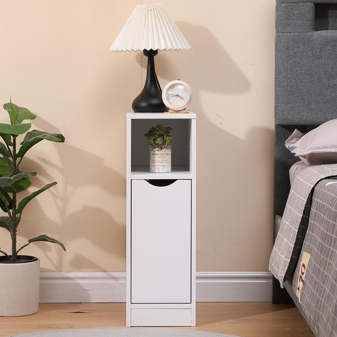 Slim White Bedside Table with Drawer & Shelf, Modern Narrow Nightstand Storage