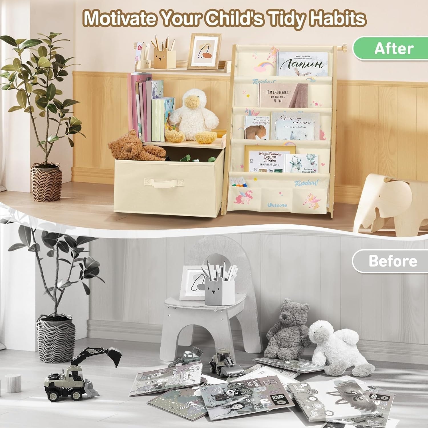 Unicorn Kids Bookcase & Toy Storage – 4-Tier Montessori Organizer Shelf
