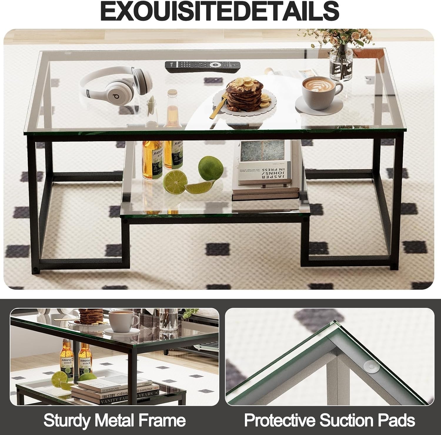 Modern Glass Coffee Table with Shelf – Black Metal Frame 2-Tier 100cm