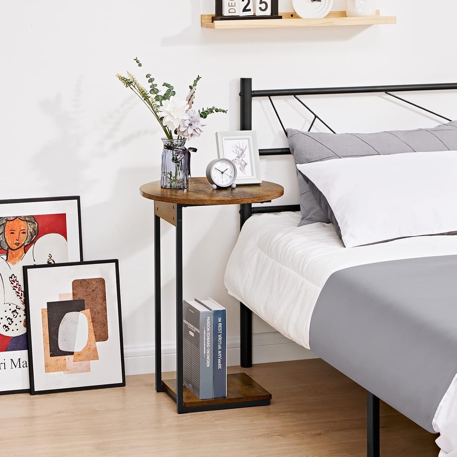 Slim C-Shaped Side Table with Storage Shelf – Industrial Rustic Steel Frame