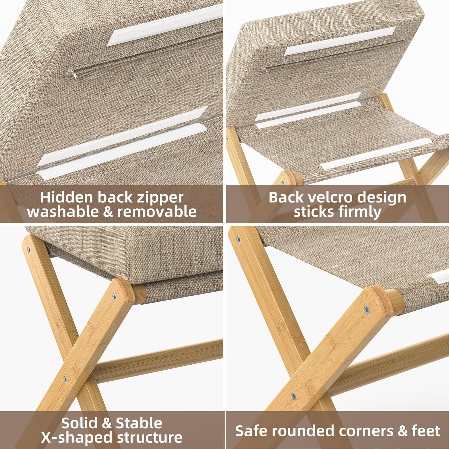 Natural Bamboo Foldable Footstool with Brown Chenille Cushion & X-Leg Design