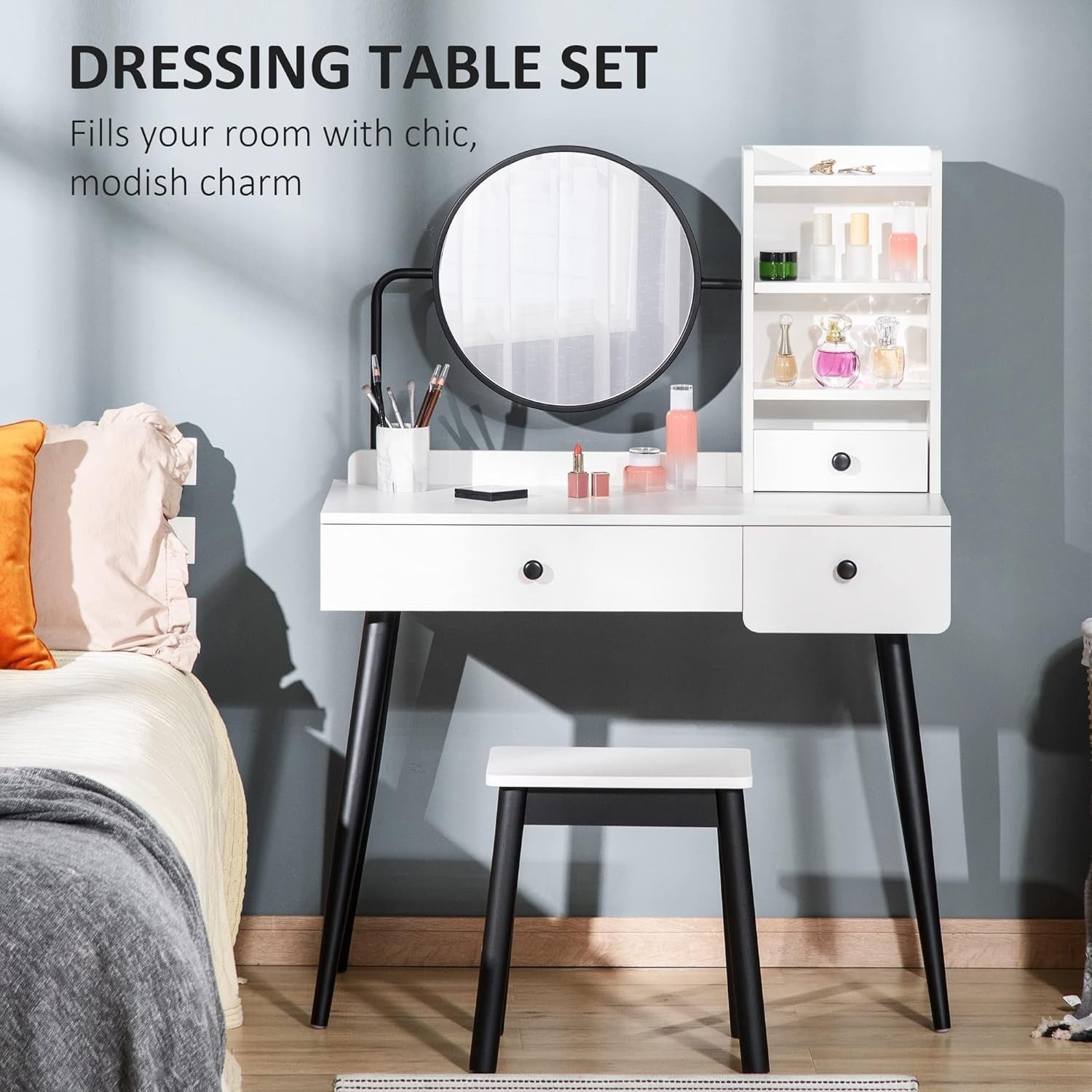 White Dressing Table Stool Mirror Set Vanity Desk 3-Drawer Storage & Shelves