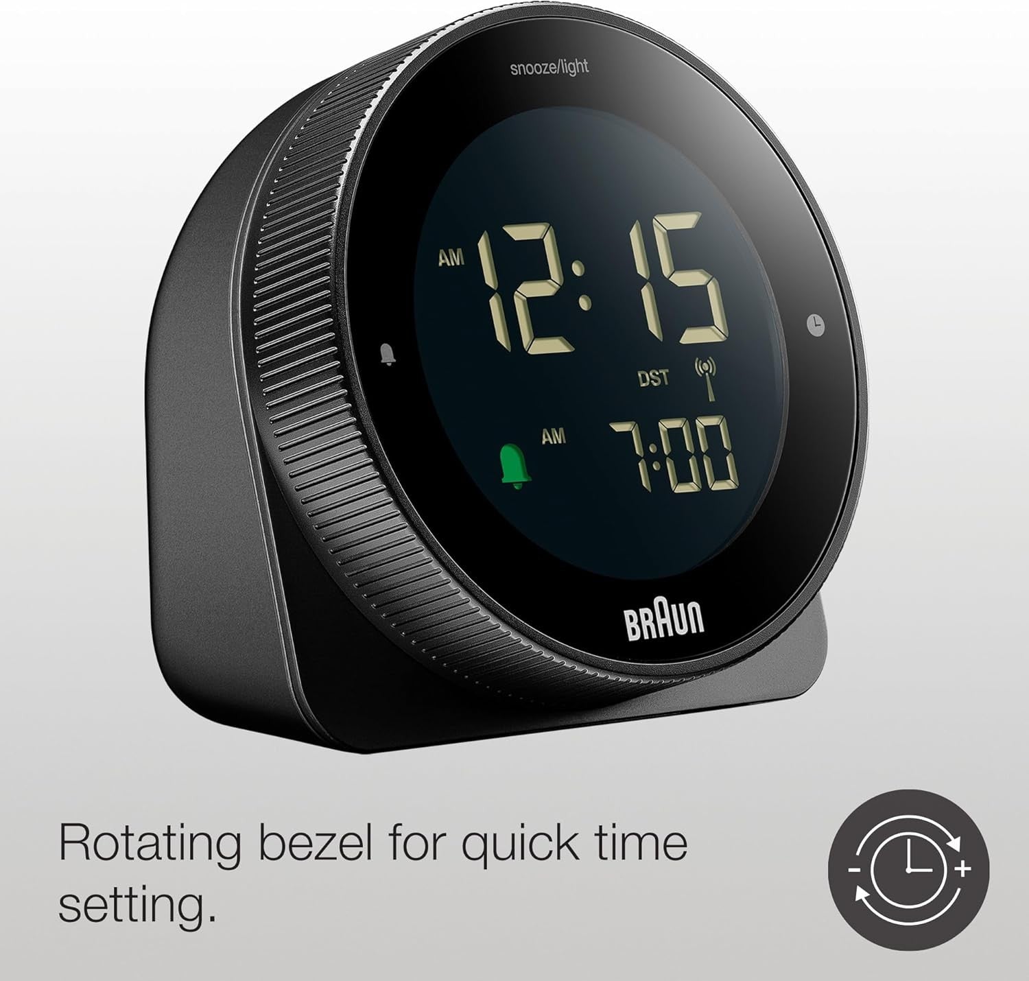 Radio Controlled Digital Alarm Clock Silent Snooze Reverse LCD Black