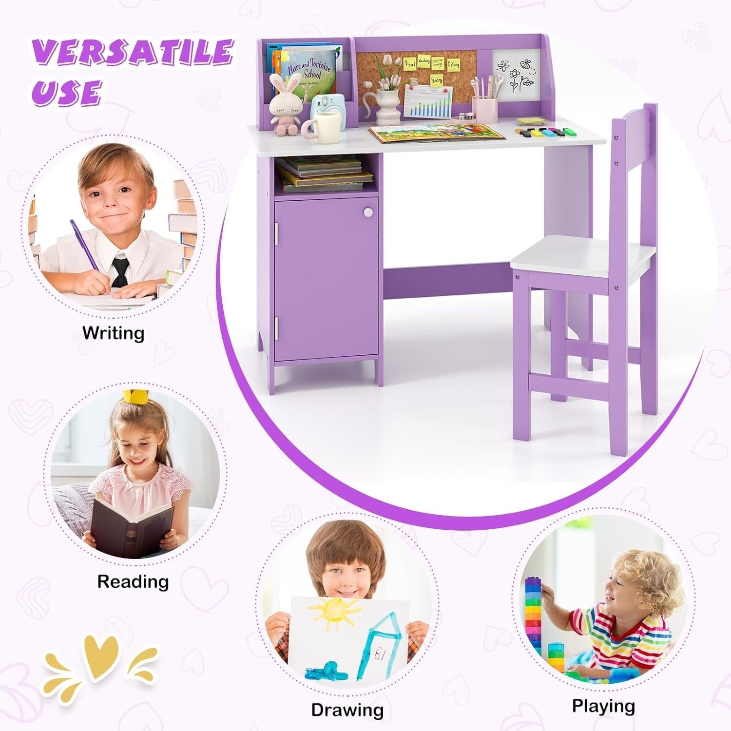 Kids Study Desk & Chair Set with Storage Cabinet, Cork Board, Ergonomic
