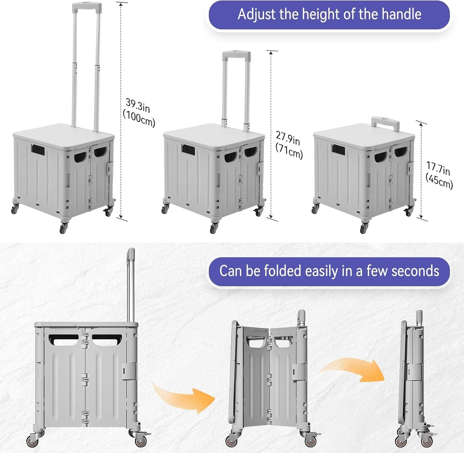65L Foldable Shopping Trolley 4 Wheel Storage Cart with Lid Grey