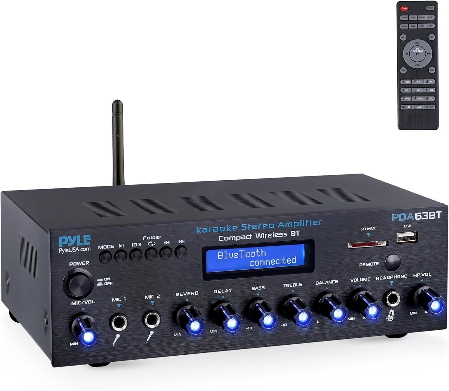 200W Bluetooth Stereo Amplifier Receiver with Mic Input USB SD RCA AUX Home