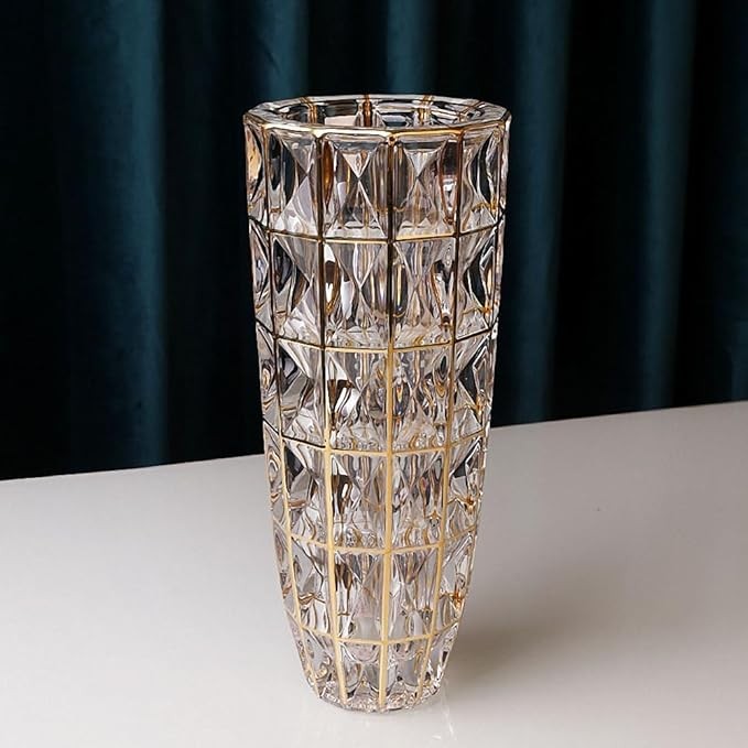 Gold Diamond Cut Glass Vase Tall Luxury Flower Vase for Home Decor