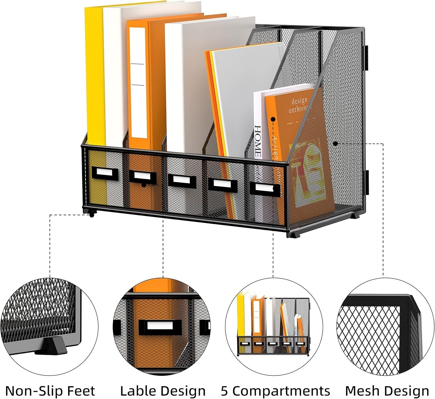 Metal Desk Organizer with 5 Compartments – Magazine, File & Letter Holder