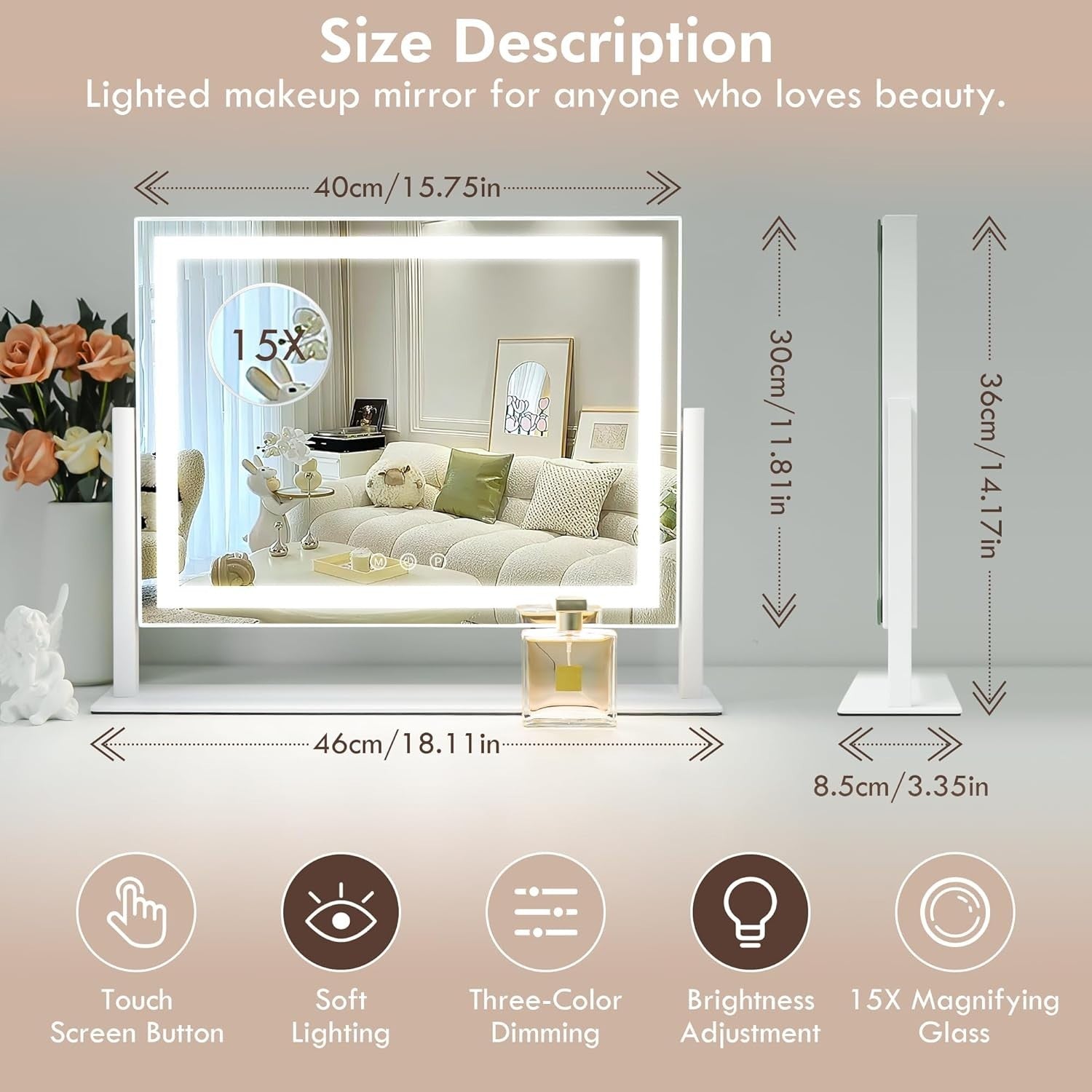 LED Vanity Mirror 40x30cm with Touch Dimming, 15X Magnification, 360°