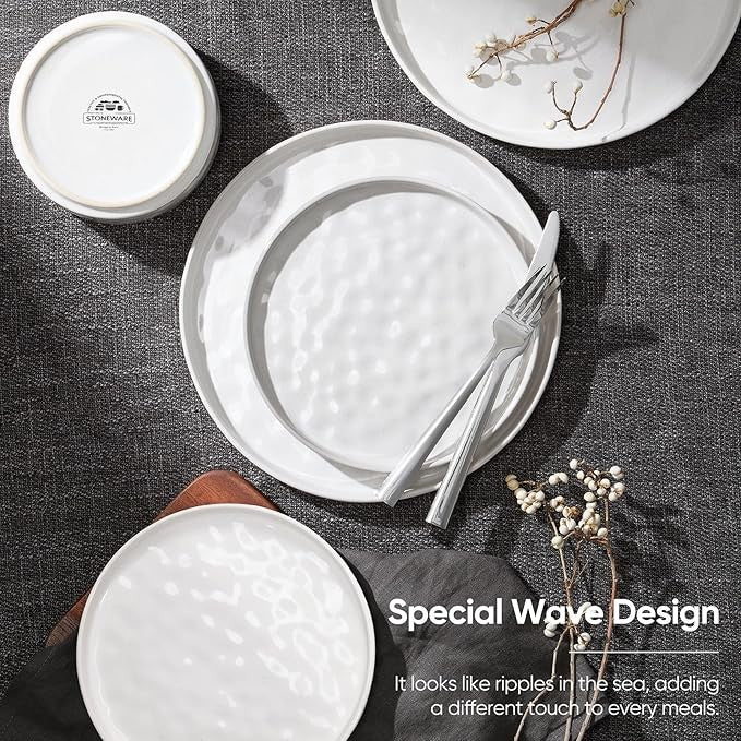 12pc White Stoneware Dinner Set Plates Bowls Reactive Glaze Service for 4