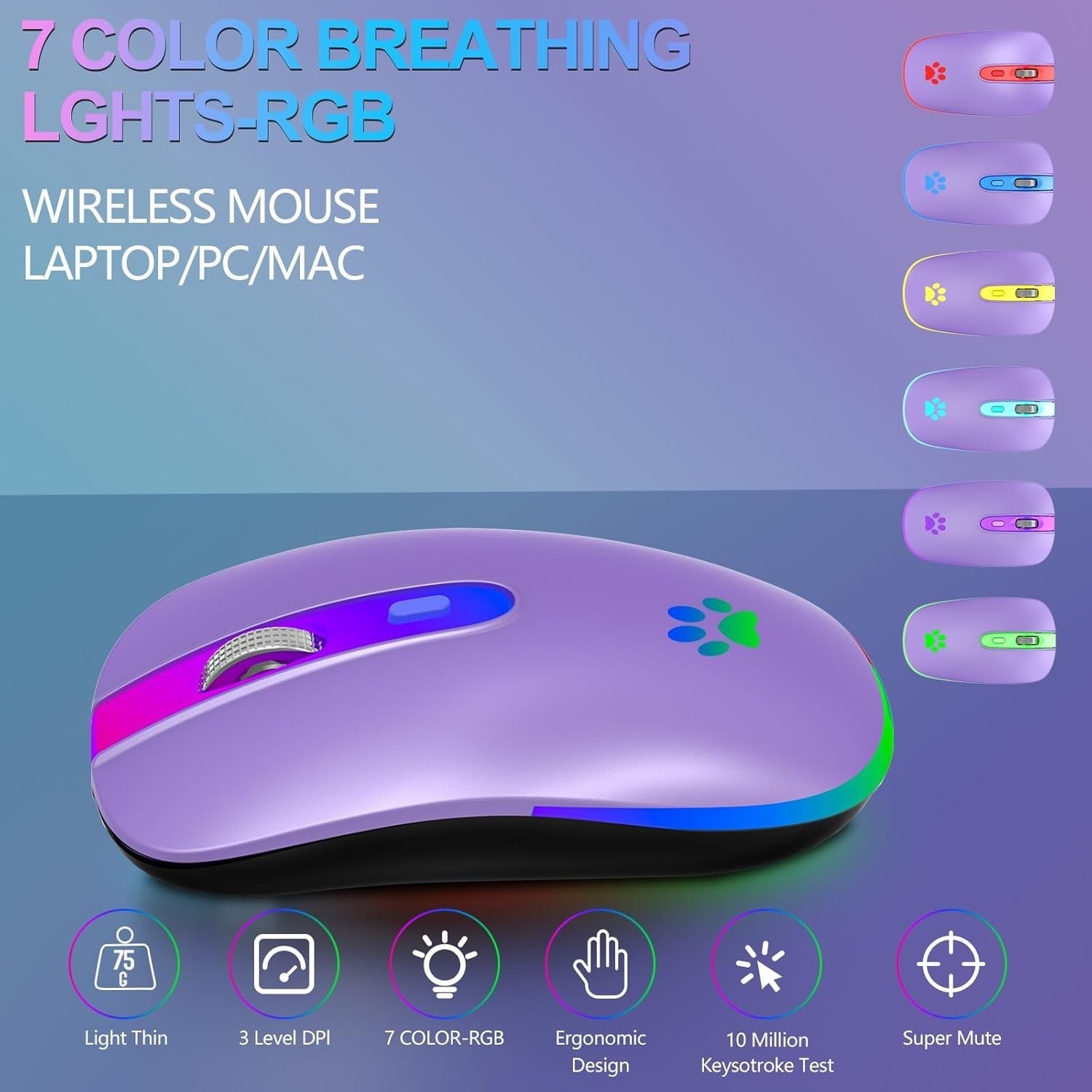 Purple RGB Wireless Mouse Bluetooth 1600 DPI Rechargeable