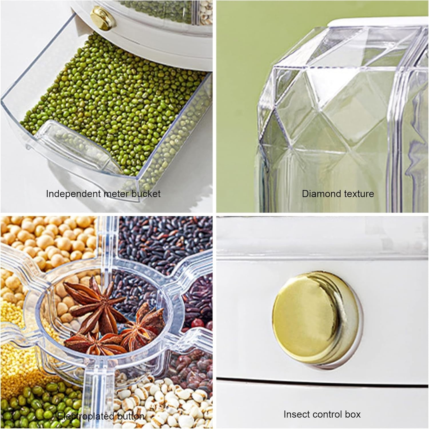 30L Rotating Rice Dispenser 6 Grid Airtight Grain Storage Container