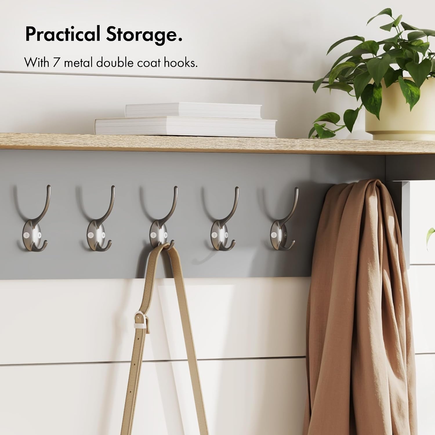 Wall Mounted Coat Rack with Shelf | 7 Double Hooks Grey Wooden Hall Organiser