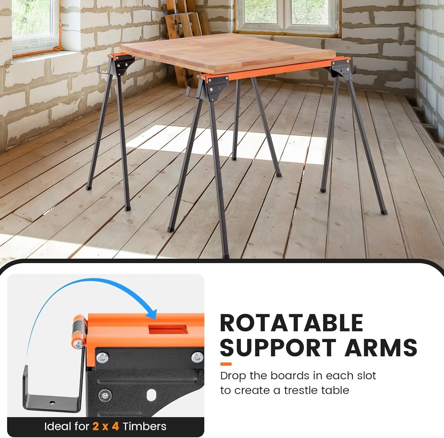 Folding Sawhorse Twin Pack Heavy Duty 500kg Each 2x4 Support Arms Orange