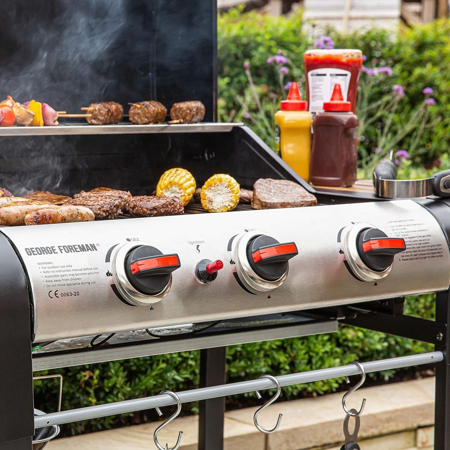 3 Burner Gas BBQ Grill with Automatic Ignition, Thermometer & Side Shelves