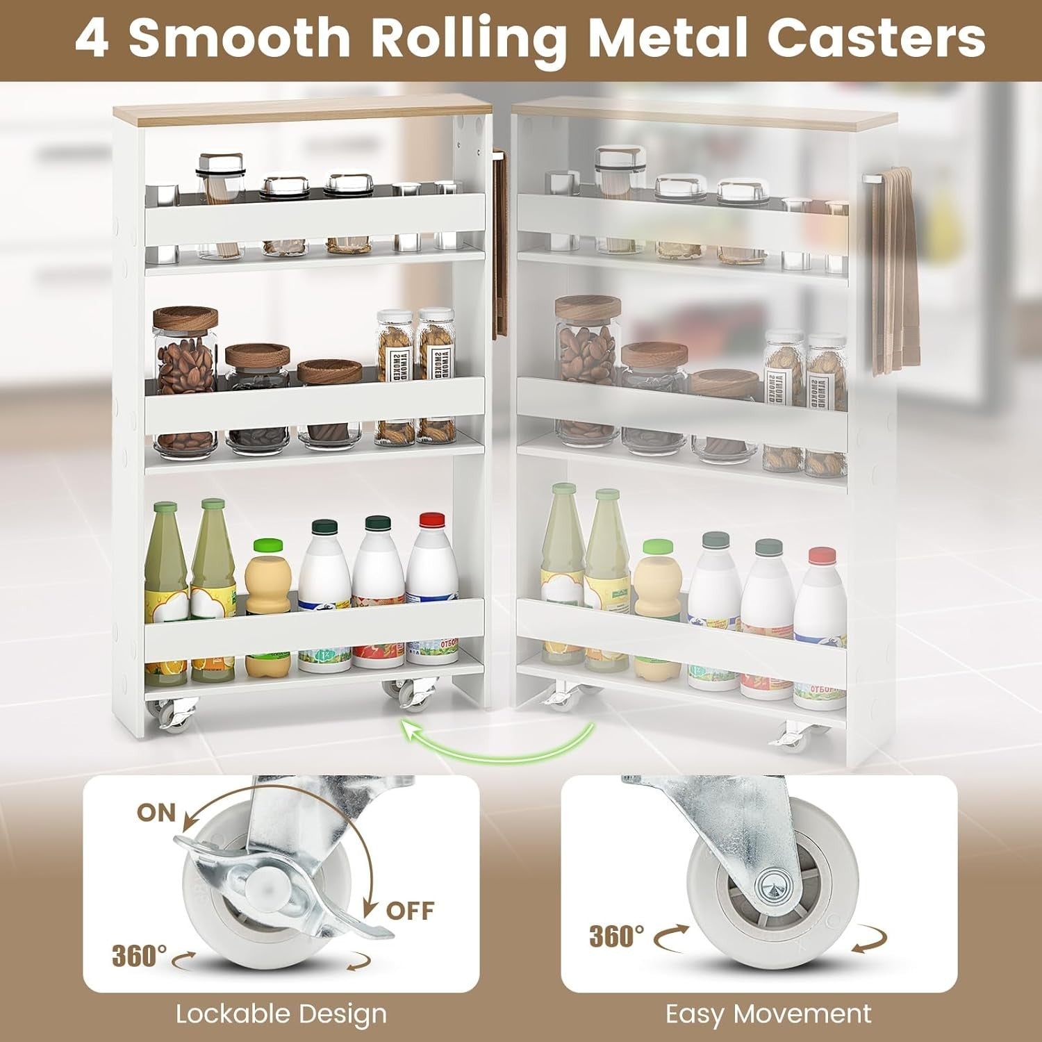 Slim 4 Tier Rolling Storage Trolley Narrow Kitchen Cart White Natural